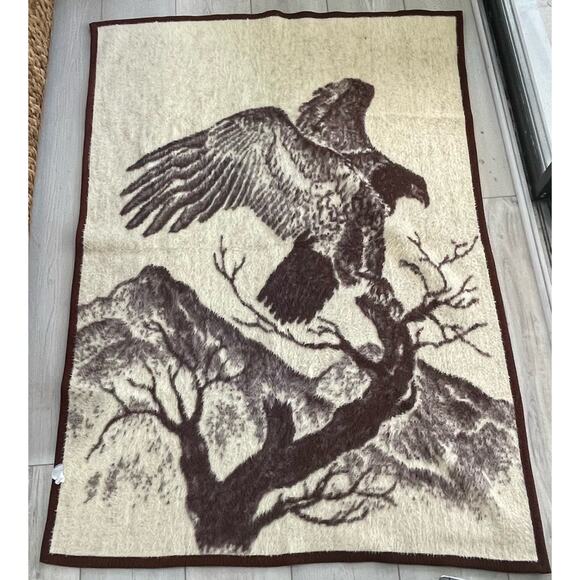Vtg Eagle Branch Nature Blanket Reversible Brown Cream 62x46 Heavy 80s 90s VG - Picture 4 of 6